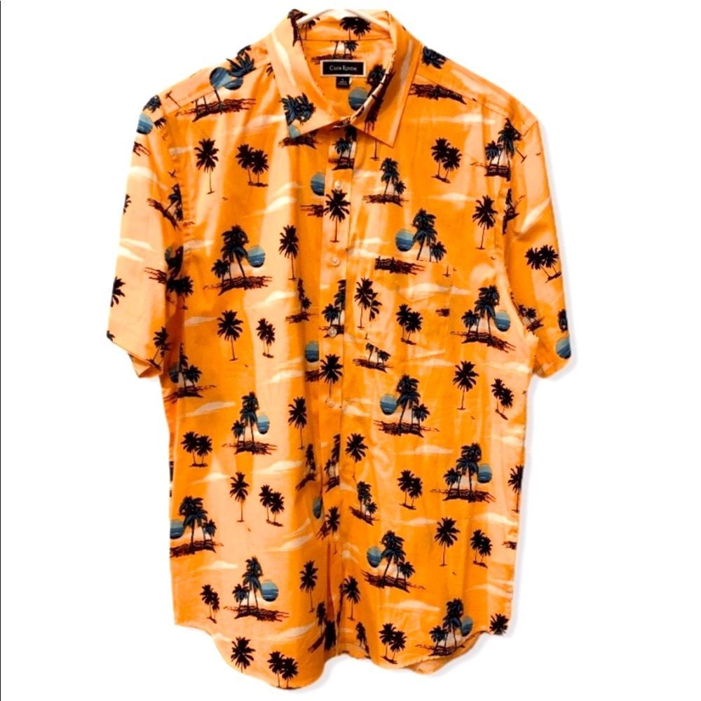 Club Room Short Sleeve Casual Button Down Shirt Palm Tree Sunset Pocket Collar